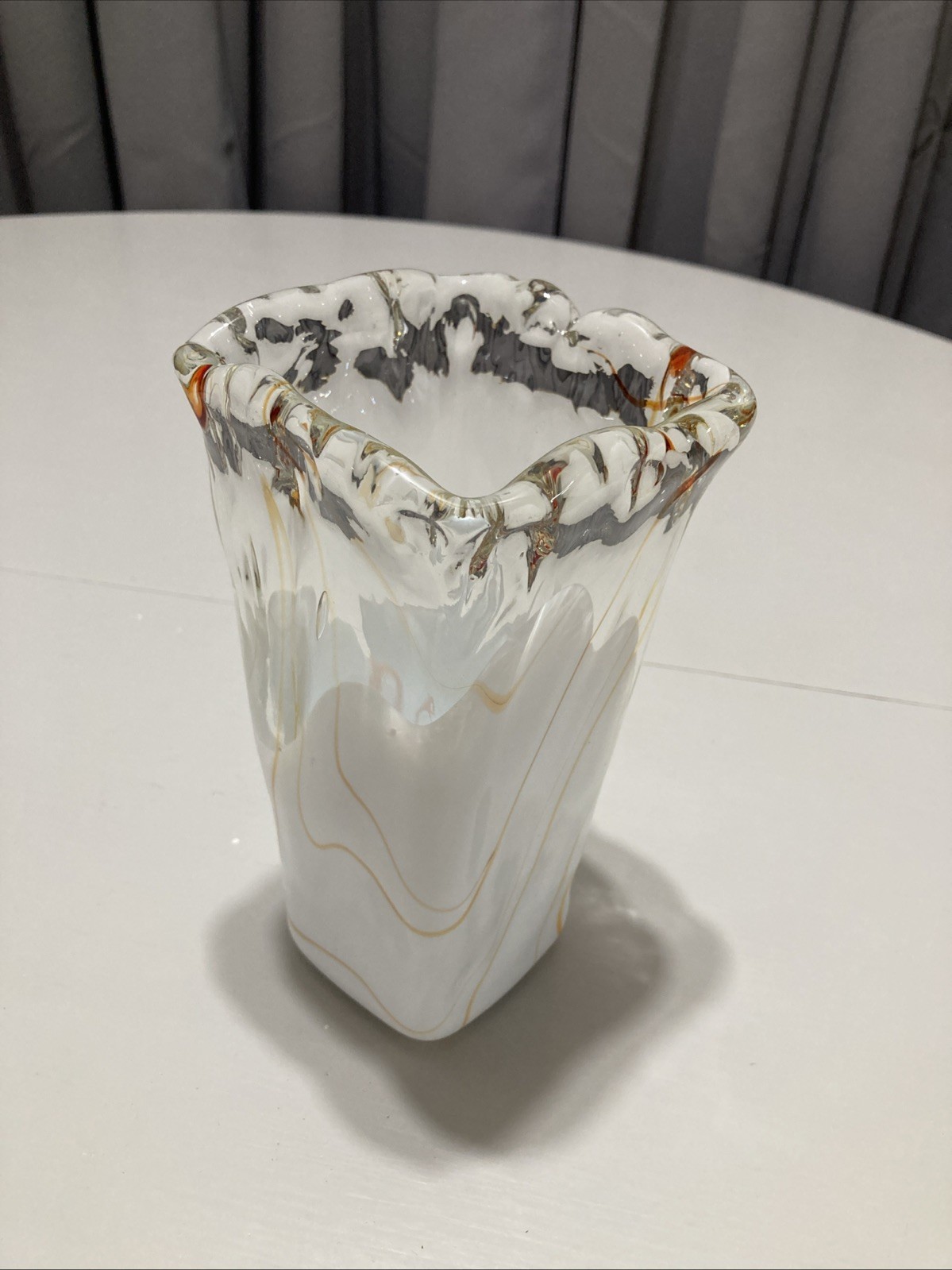 Vintage Handblown Modern Art Glass 7.75″ Vase Marbled Orange, White & Clear