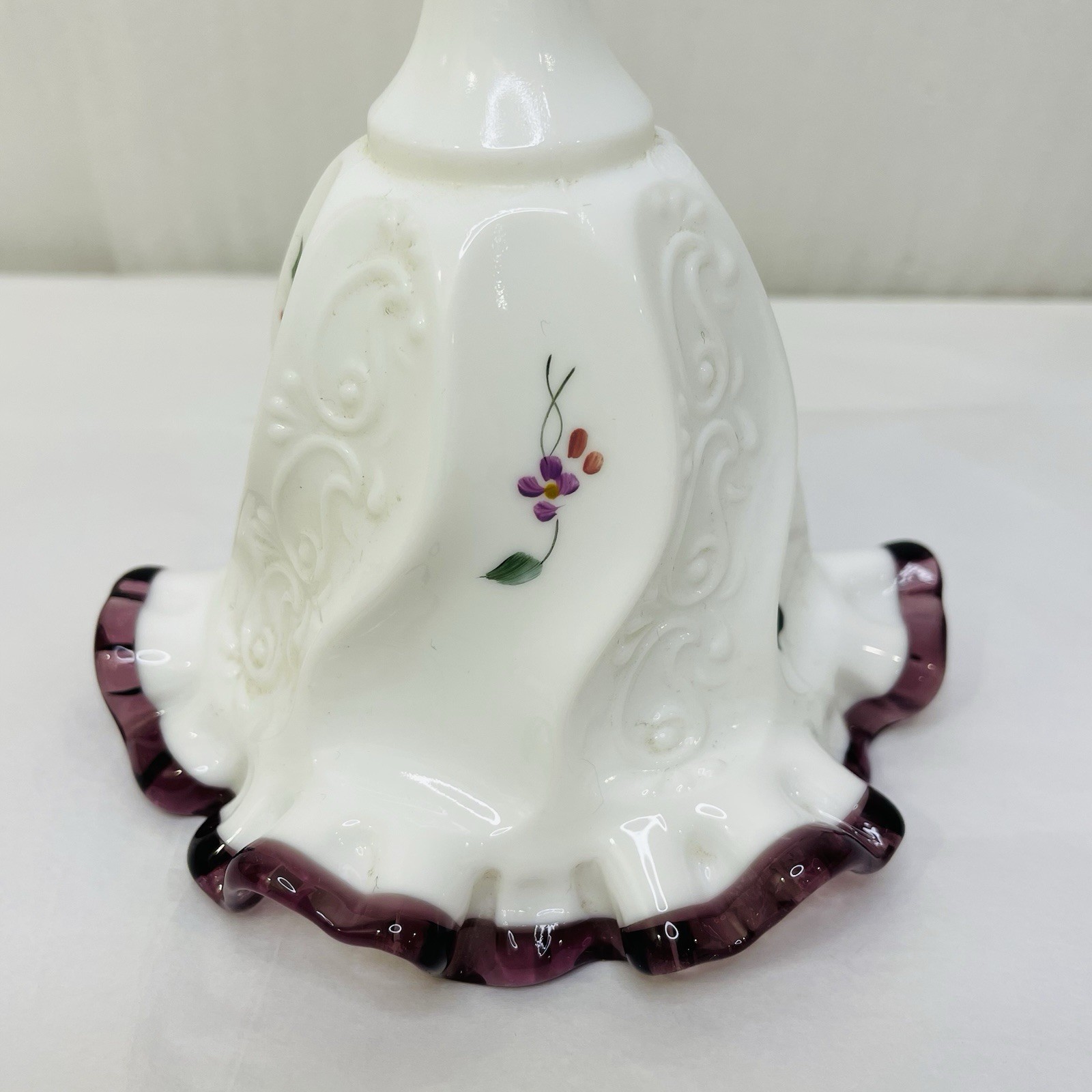 Vintage Fenton Violets Purple Crest Ruffled Bell Artist Signed 6.75″ Tall