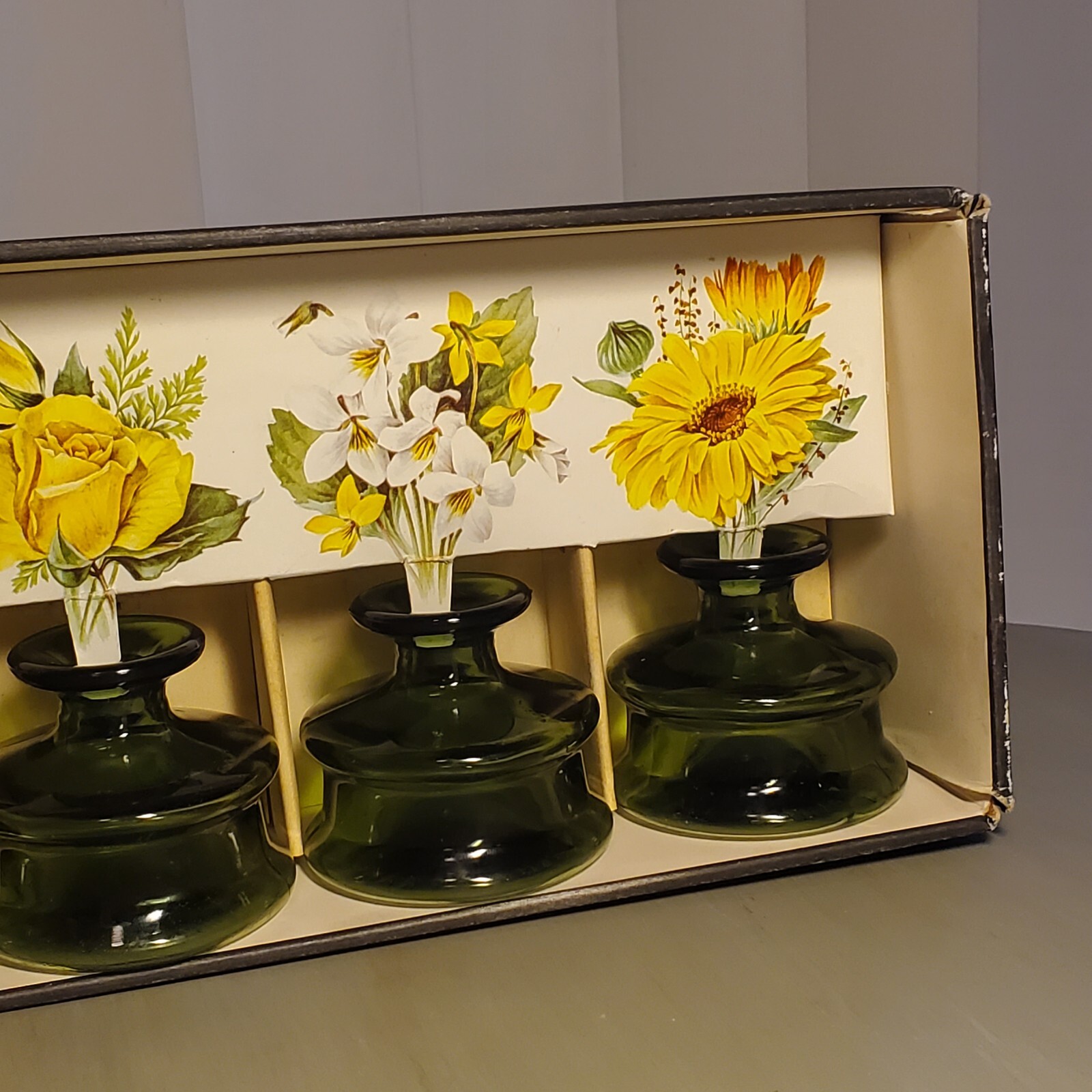 Dansk Designs Mini Vases France Olive Glass Original Box Vintage Set of 6
