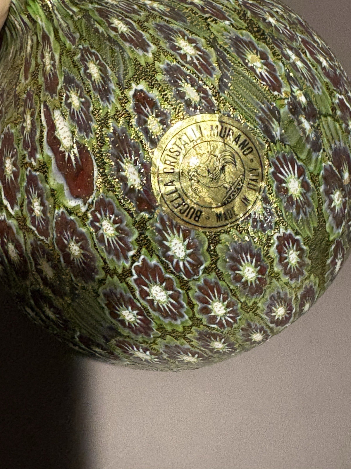 Green, Purple & Gold Millefiore Art Glass Bottle; Bucella Cristalli Murano Label