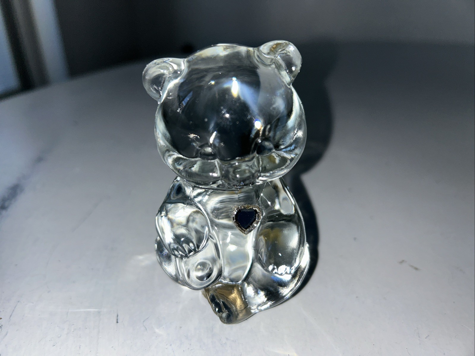 VTG Fenton Clear Glass Teddy Bear Silver Diamond April Birthstone 4”Hx2.25”L