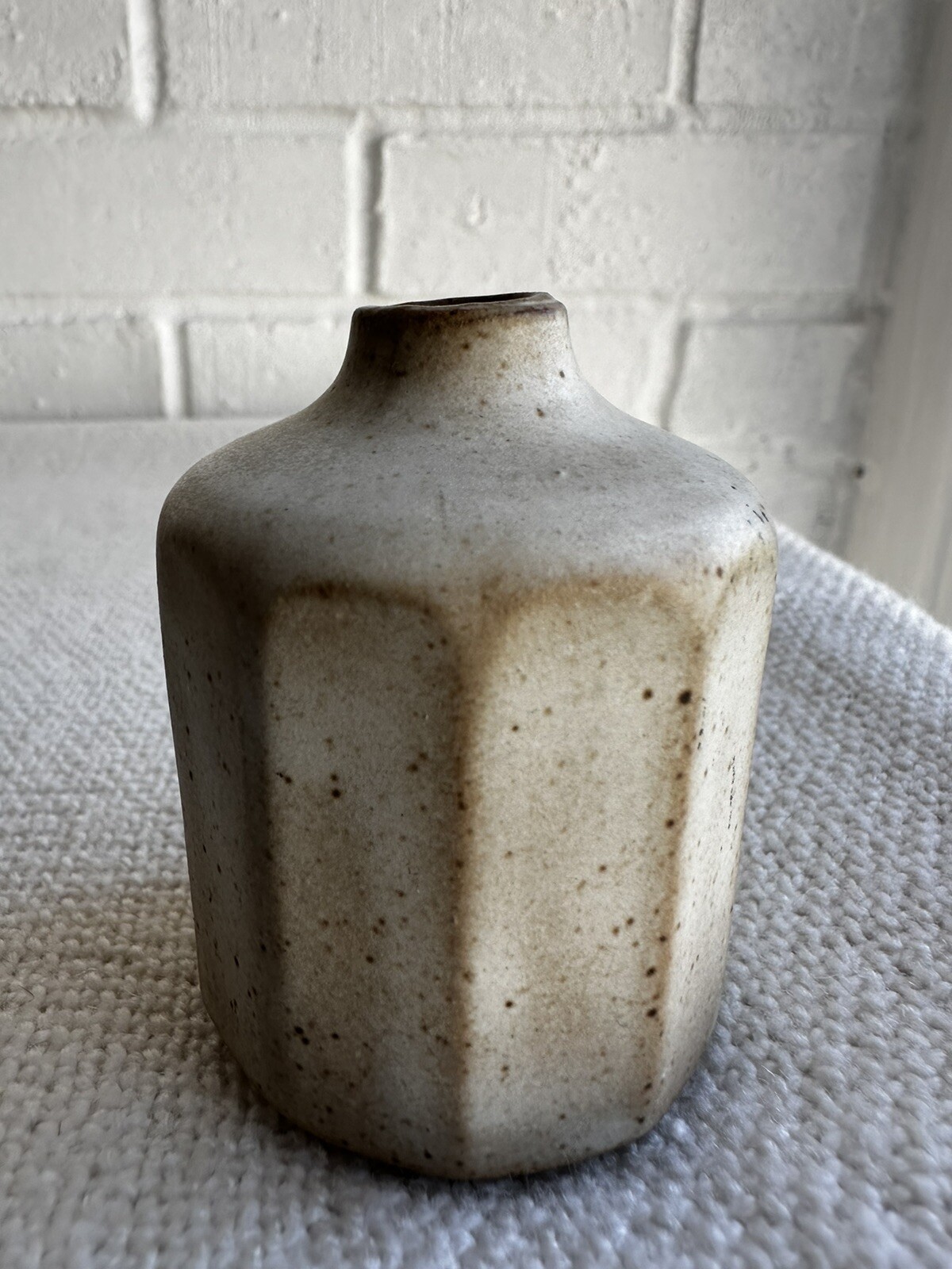 3 Japan vintage Faceted Stoneware Mini Bud Vases brown cream 2.25″ MCM