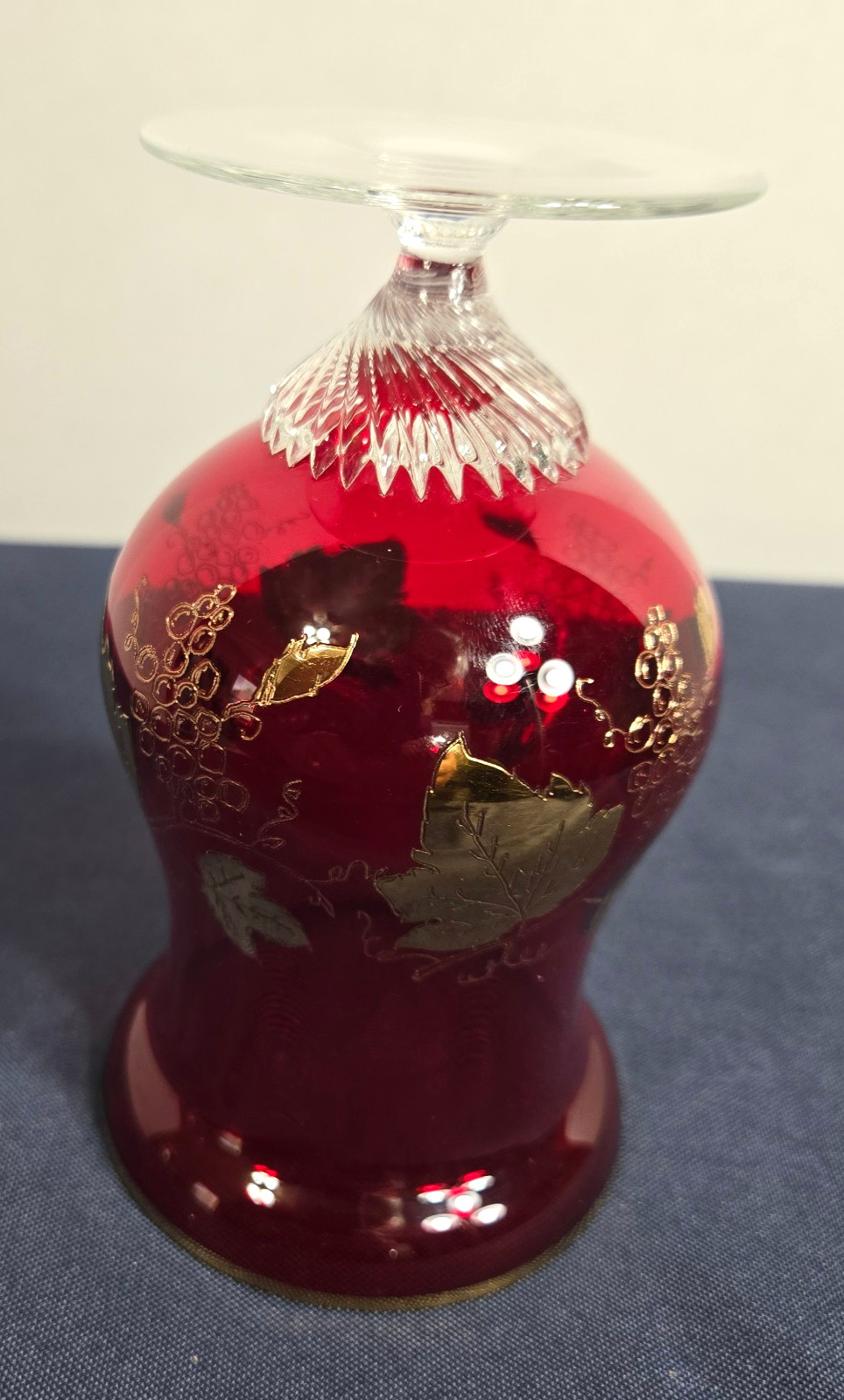 Cranberry Red Crystal Glass w/Gold Leaf Pattern Bohemia Crystal Czech 12oz