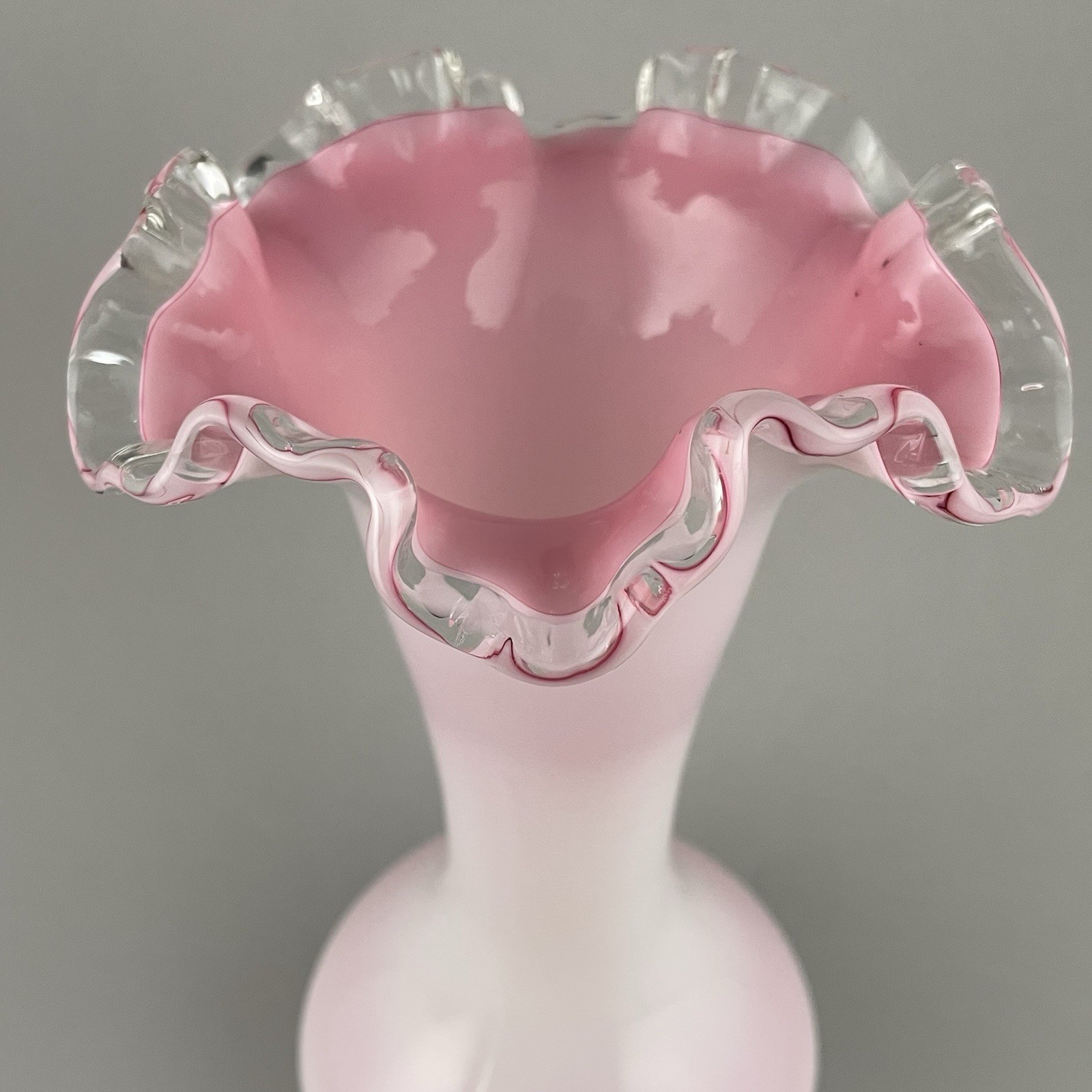 Vintage Fenton Peach Crest Vase Double Crimped Ruffled White Pink Cased Glass