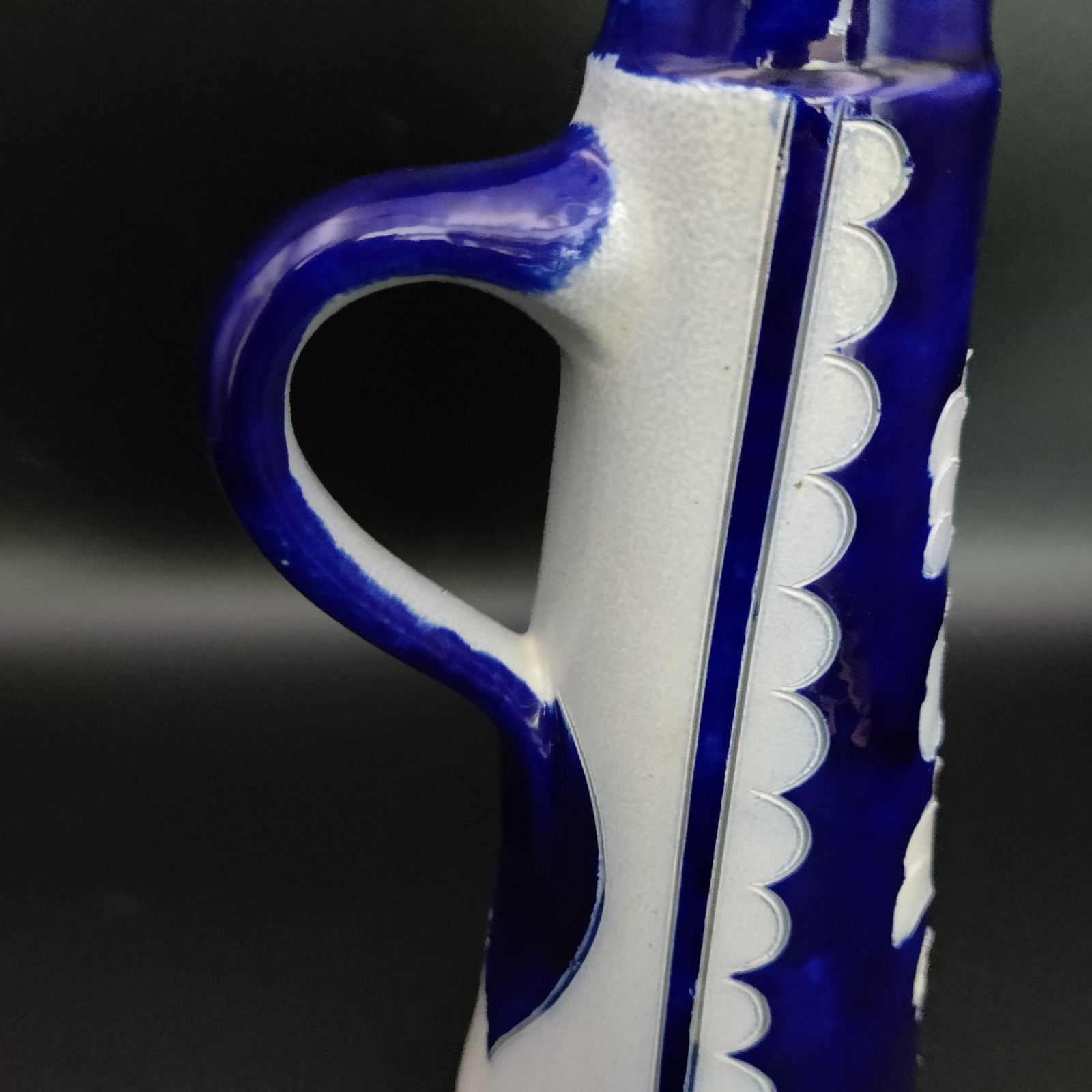 German Handarbeit Vintage Blue Pottery Vase Pitcher Signed/Stamped