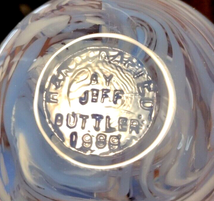 1989 Jeff Buttler Handcrafted Art Glass Sphere 3″ Paperweight Blue White Swirl