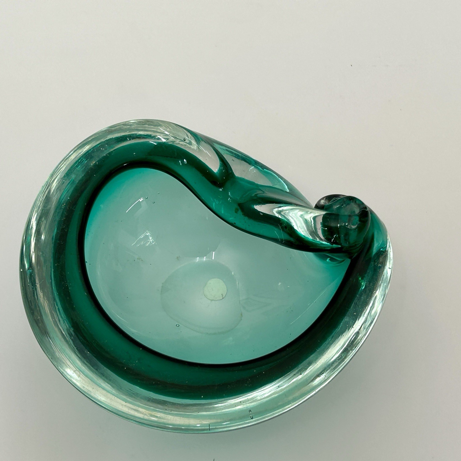 Murano Sommerso Teal Art Glass Scroll Form Ashtray 4″ 1970s Vintage