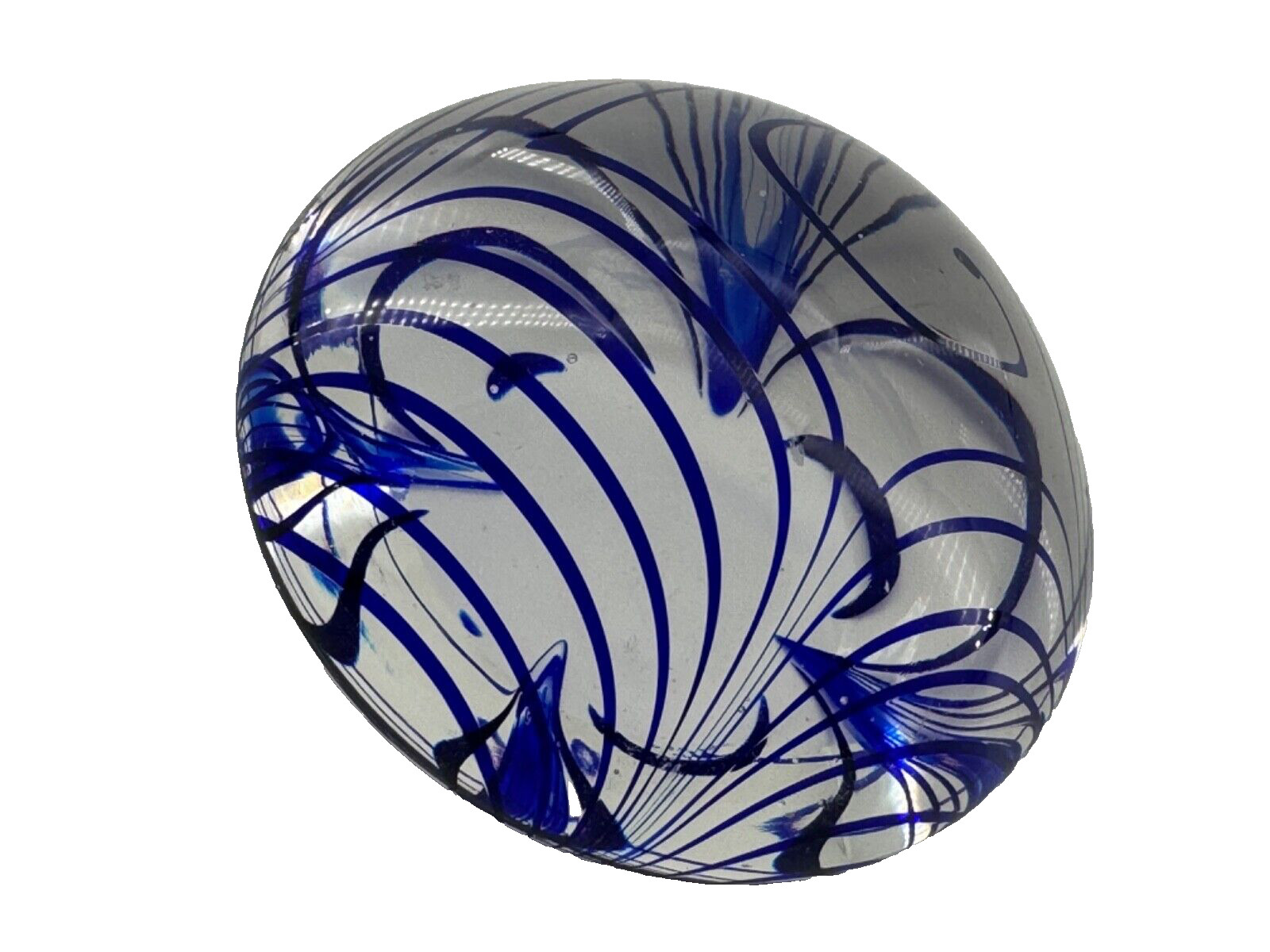 Clear and Cobalt Blue Swirl Art Glass round Shaped Hand blown Paperweight 2.5”