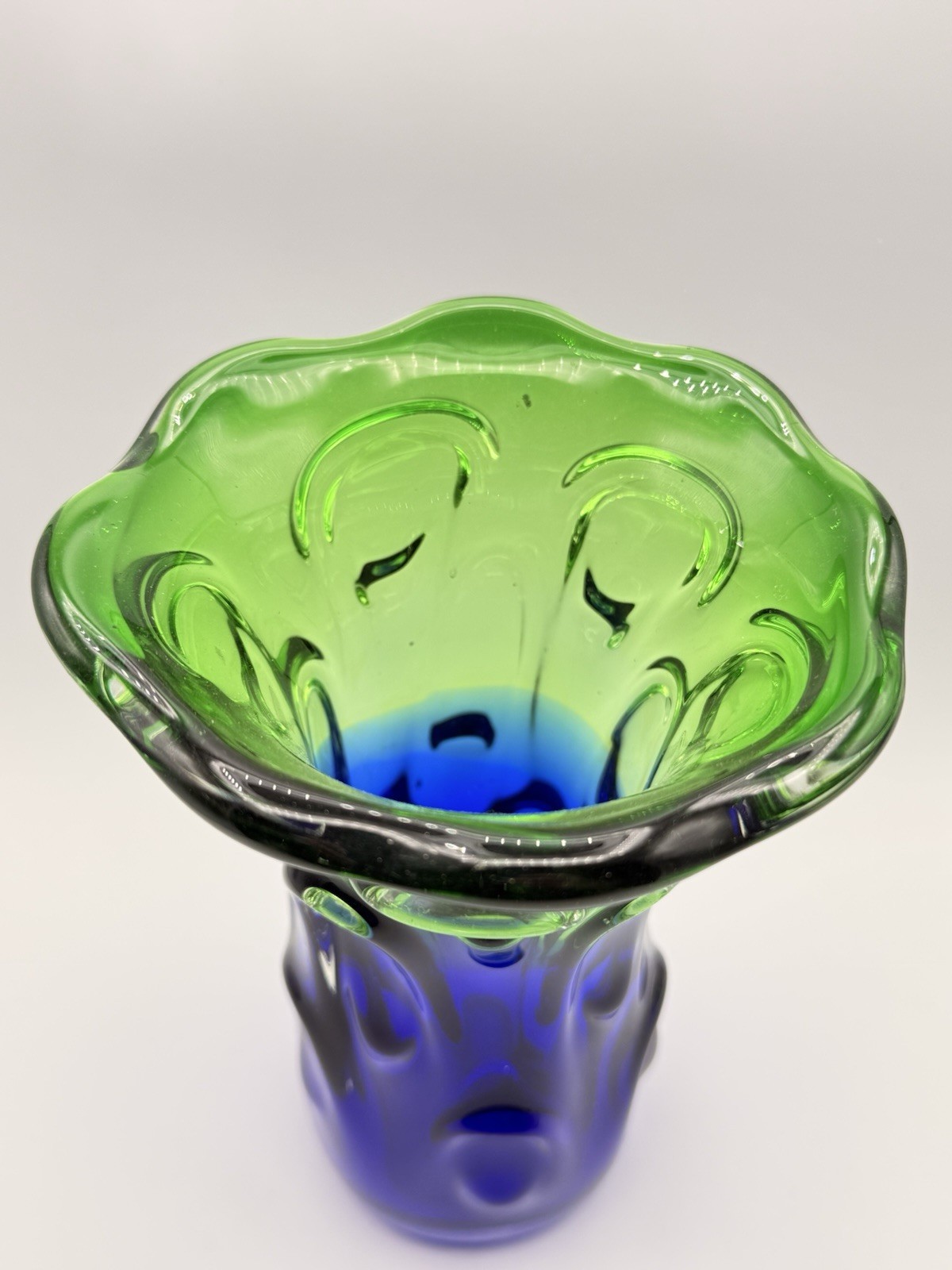 Vintage Mid-Century Modern Blue Green Art Glass Vase Pulled Glass Decor