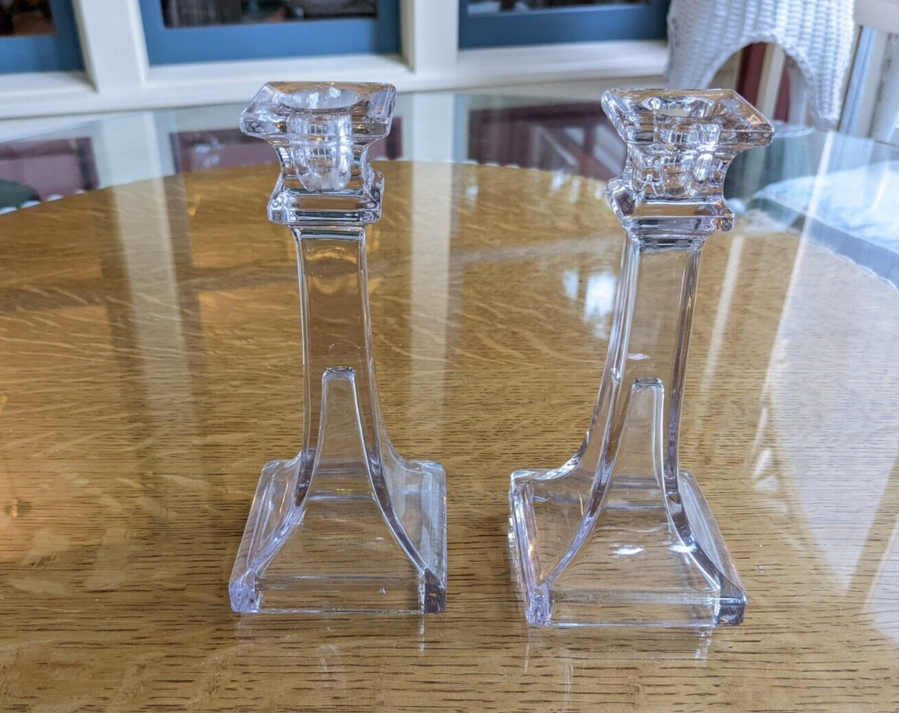 Pr Art Deco Art Glass Amethyst Candlesticks 7 3/8″