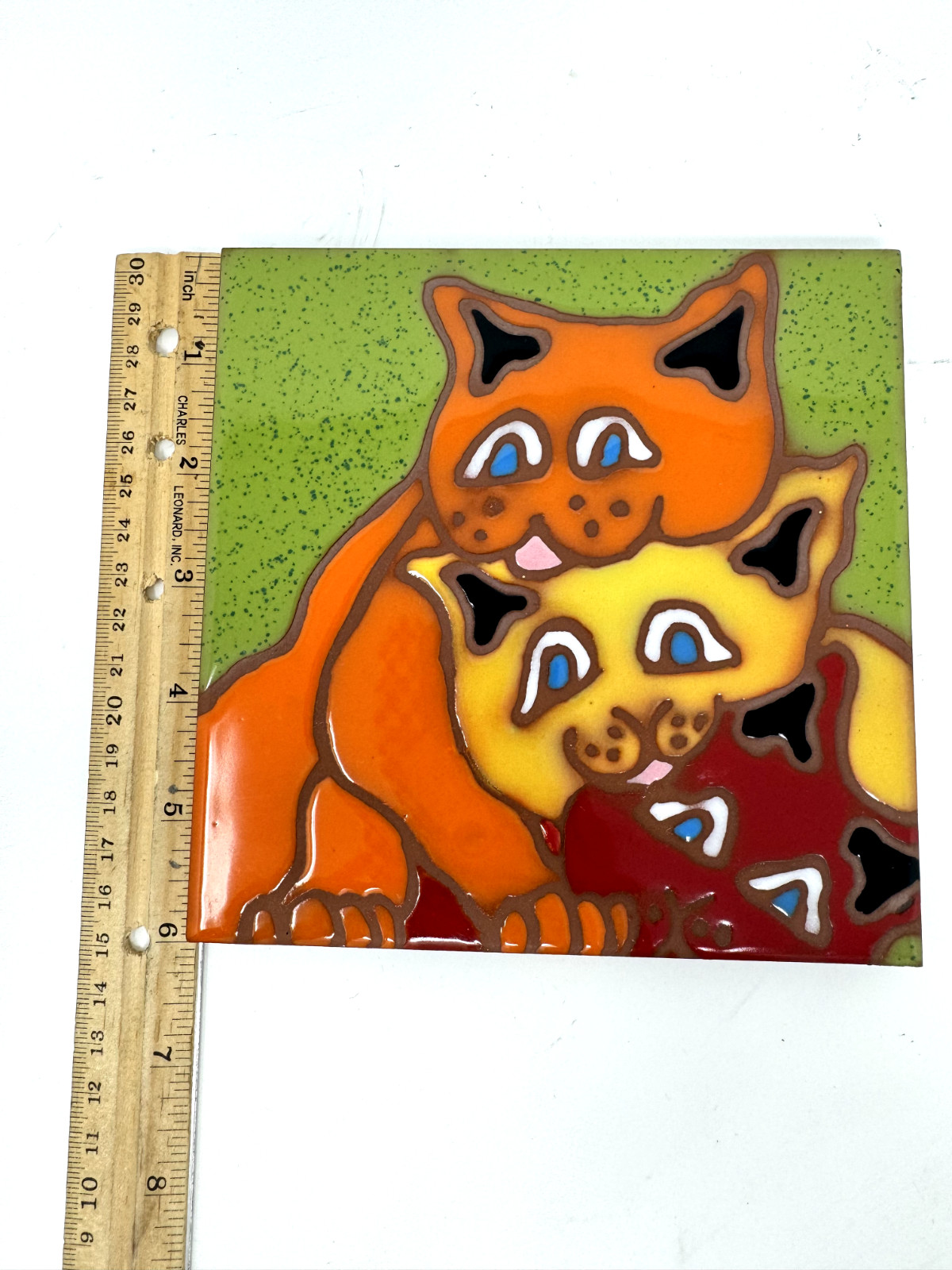 Vintage Cats Folk Art Tile Ceramic Trivet Kathy Waller Hand Painted 6×6″ Italy
