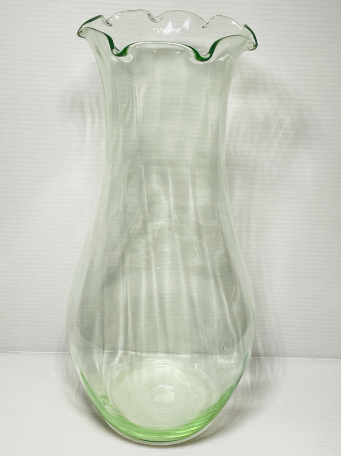 Vintage Green Uranium 12″Glass Vase Ruffled Rim faint vertical optic lines.