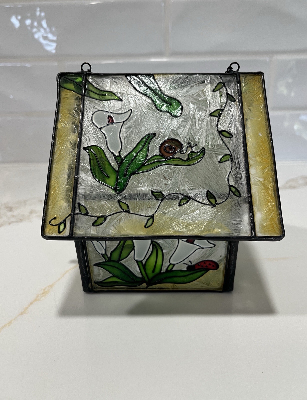 Painted Glass Birdhouse Suncatcher with Calla Lily & Humming Bird Motif