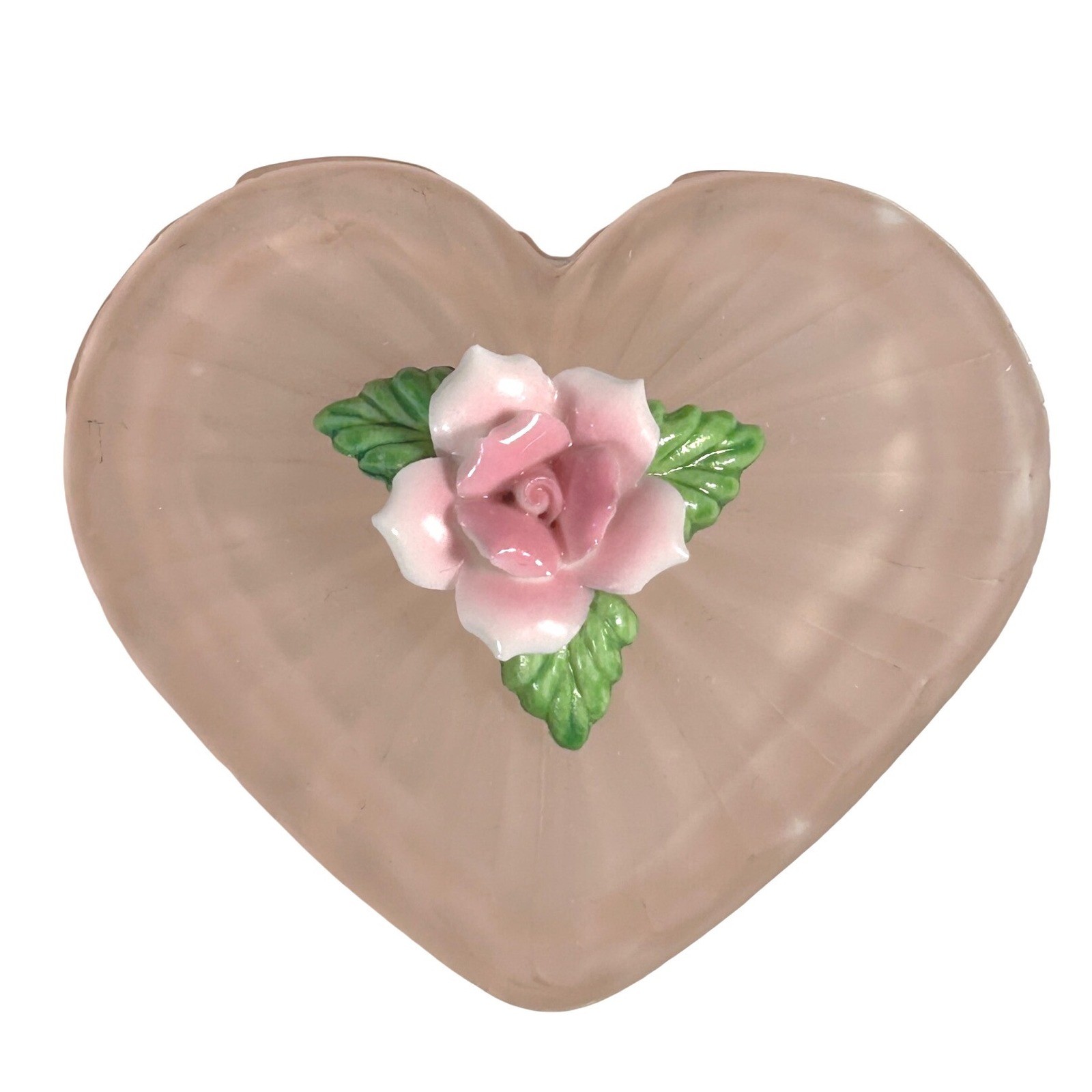 Frosted Pink Glass Heart Trinket Box Porcelain Rose Lid Fluted Jewelry Dish