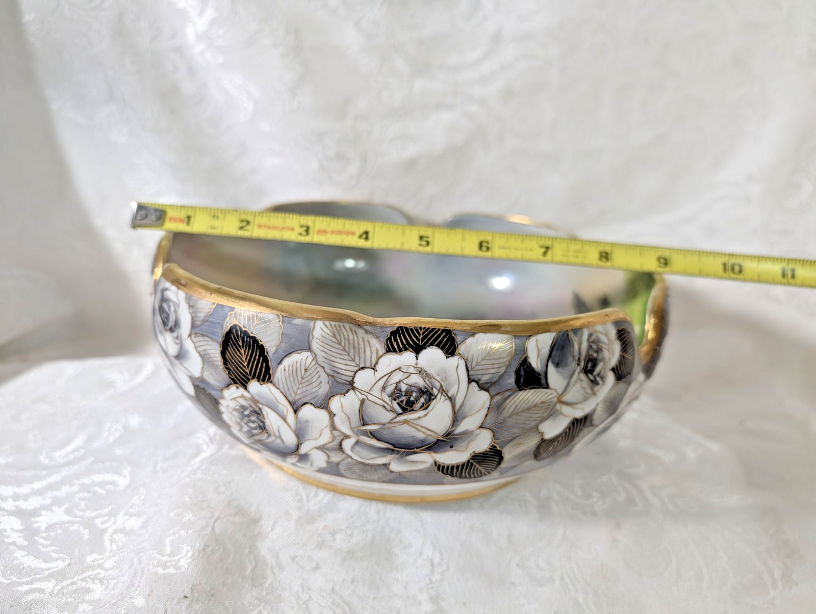 Hand Painted Noritakte Bowl with Farm, Pond Geese, Flowers, Nature