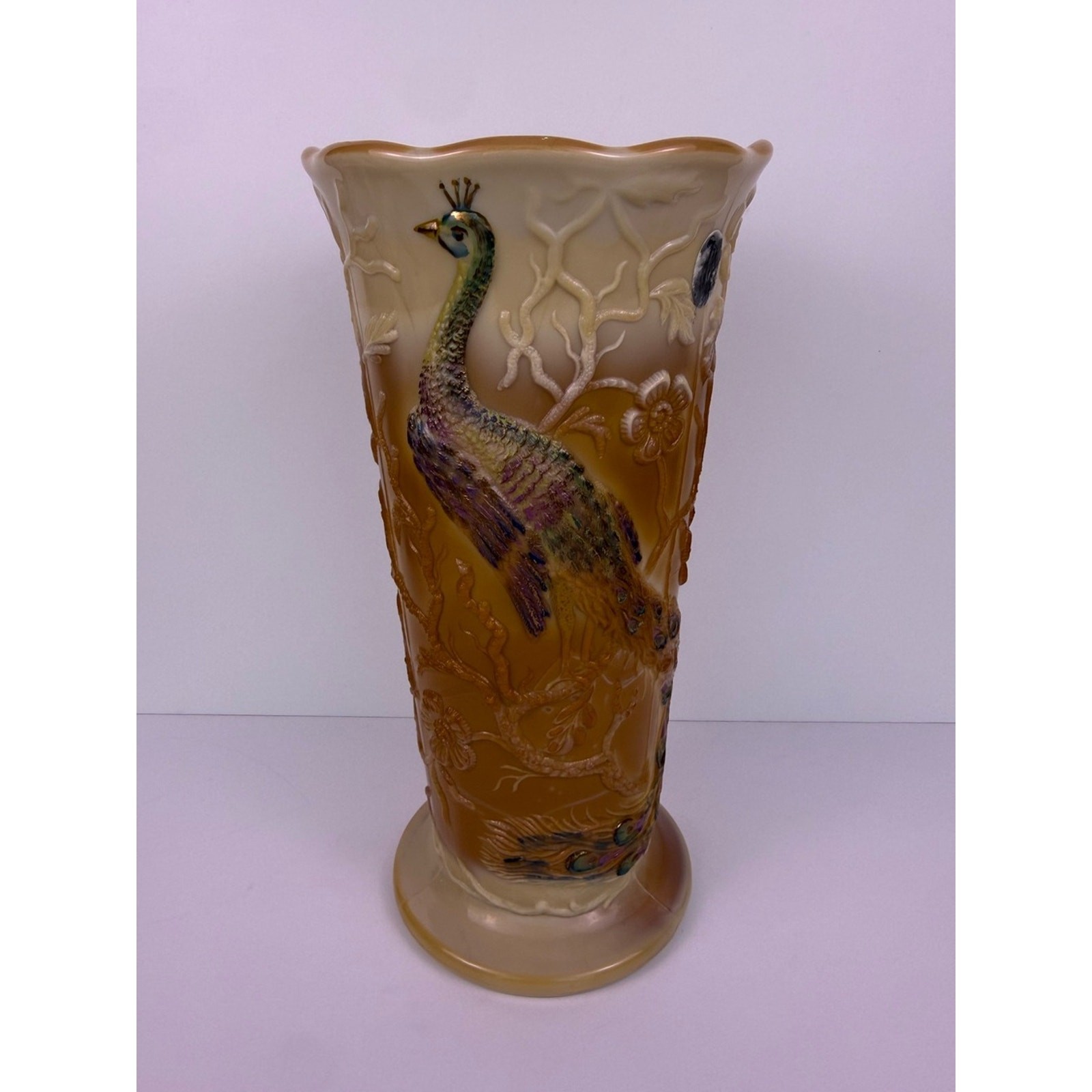 Fenton Chocolate Slag Peacock Vase Rosenthal Collection 2007 Signed M. Caplinger