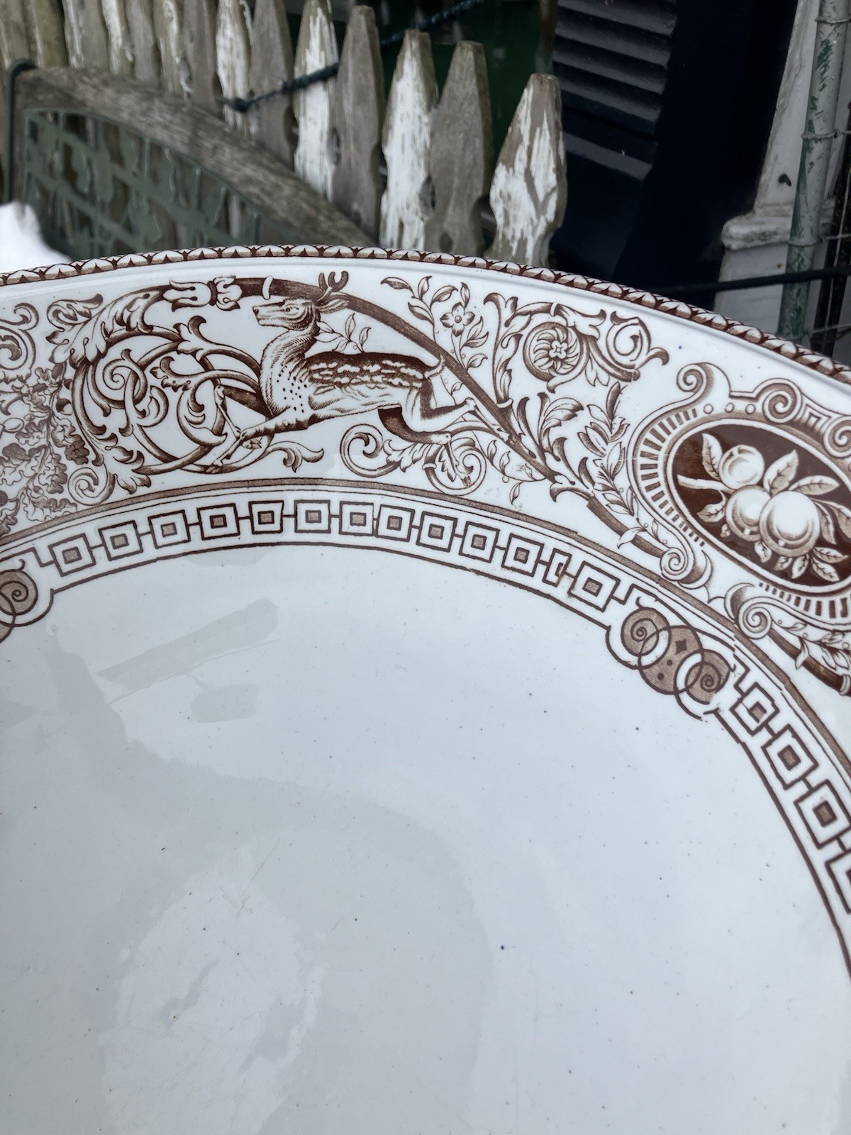 Antique Brown Transferware Wash Basin Bowl Ironstone Stag Boar Hunt Brownfield
