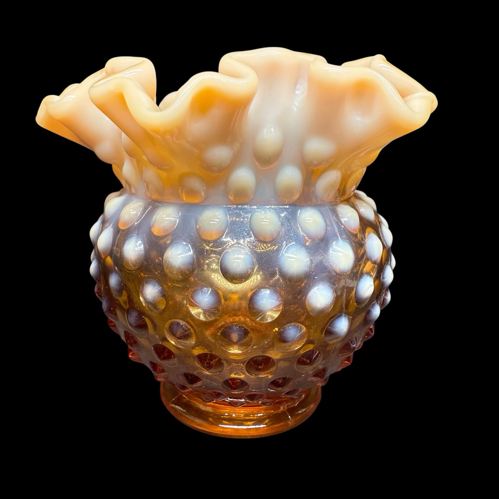 Fenton Carmel Brown Opalescent Hobnail Rose Bowl Ruffled Top 4.5”
