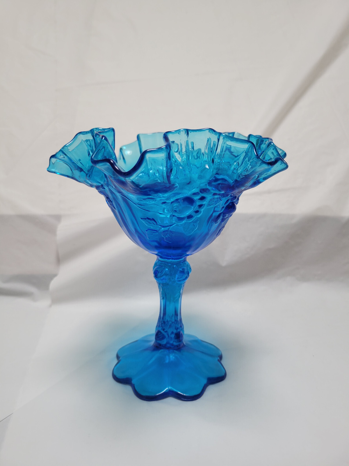 Fenton Blue Ruffled Colonial Pedestal Candy Dish – 6 1/2 Inches Tall