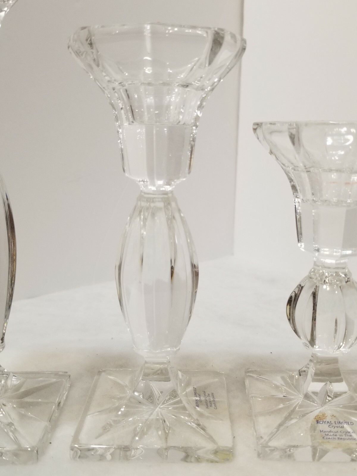 VINTAGE SET OF 3 1995 ROYAL LIMITED CRYSTAL CANDLESTICKS 24% FULL LEAD CRYSTAL