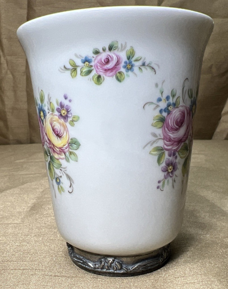 Antique Limoges France Hand Painted Floral Porcelain Vase w/French Étain Pewter