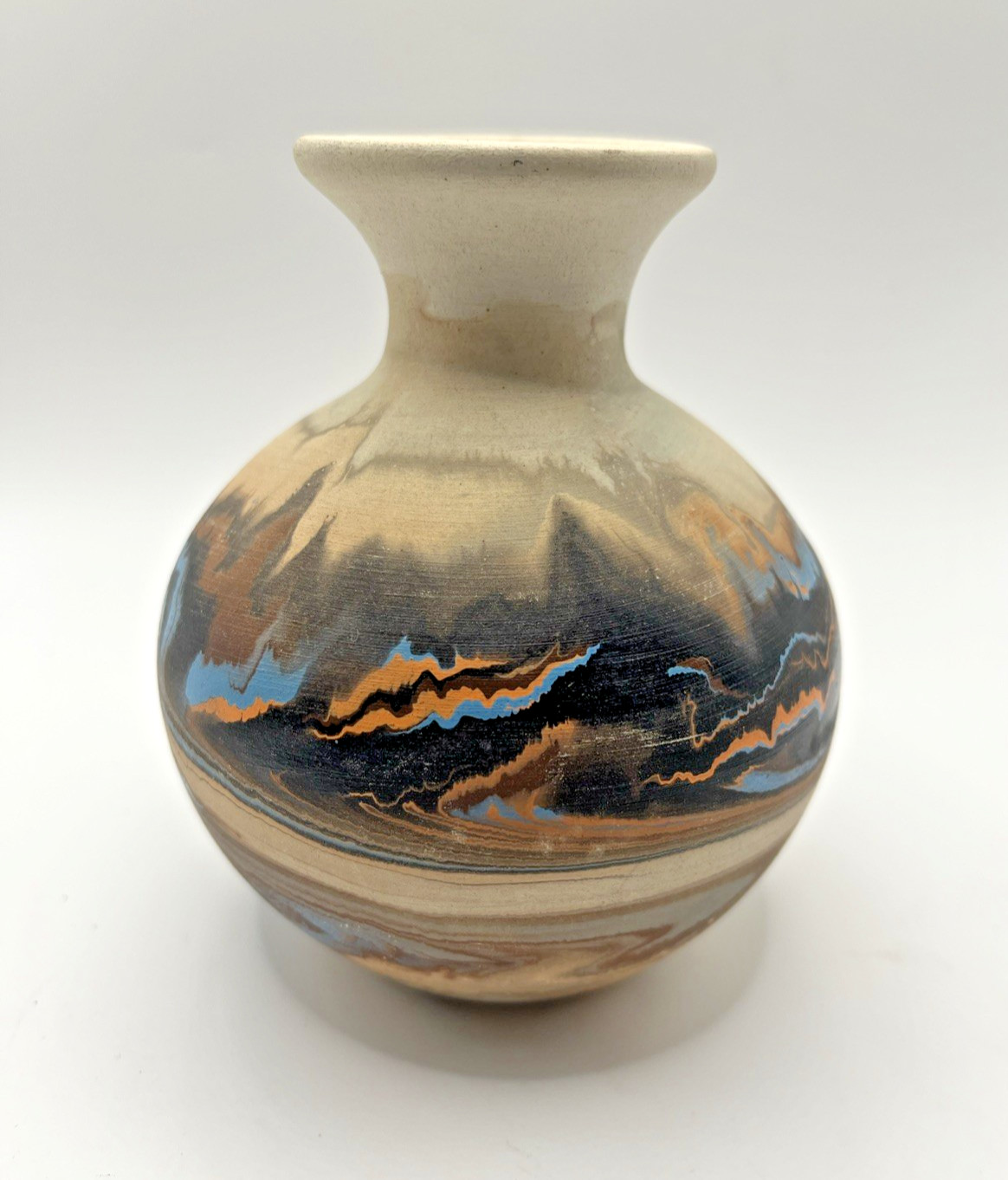 Nemadji Pottery Vase 4.5″ tall Black Blue Coral & Brown Swirl Made in USA