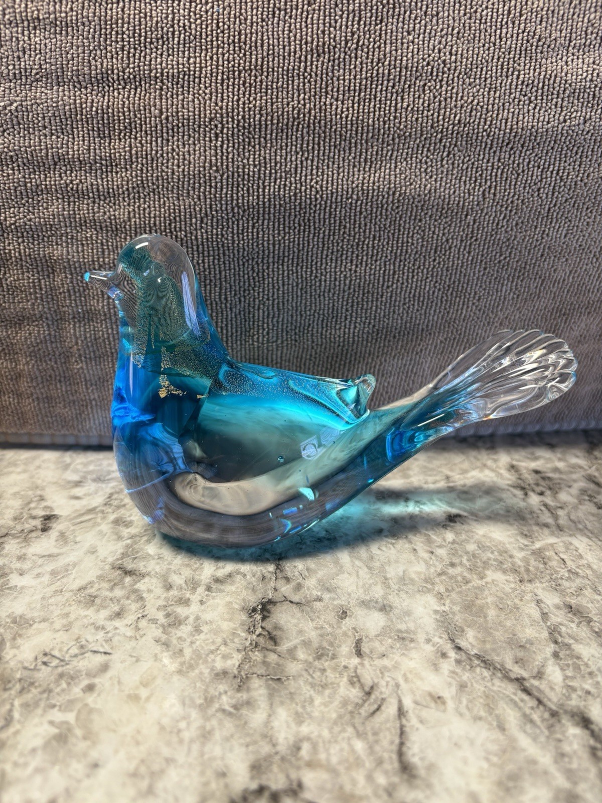 Clear and blue glass bird figure with gold flakes inside #B11