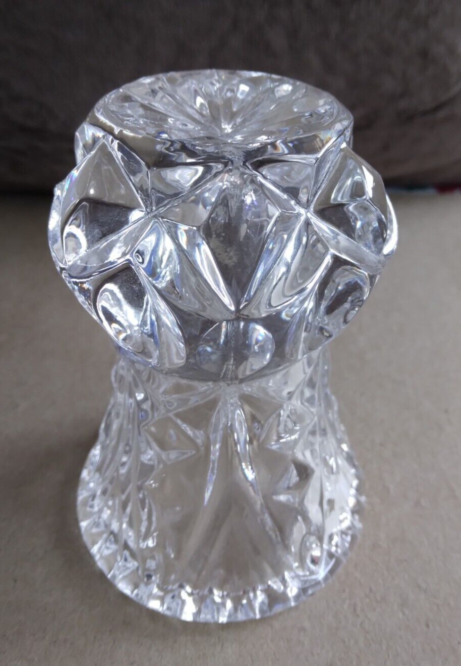 Lead crystal bud vase–Yugoslavia–Zajecar–very worn box–3.75″ tall–10 ounces
