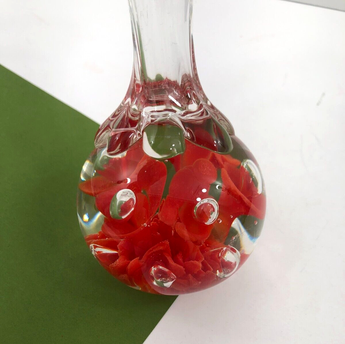 Maude & Bob St Clair Glass Trumpet Flower Paperweight Bud Vase Controlled Bubble