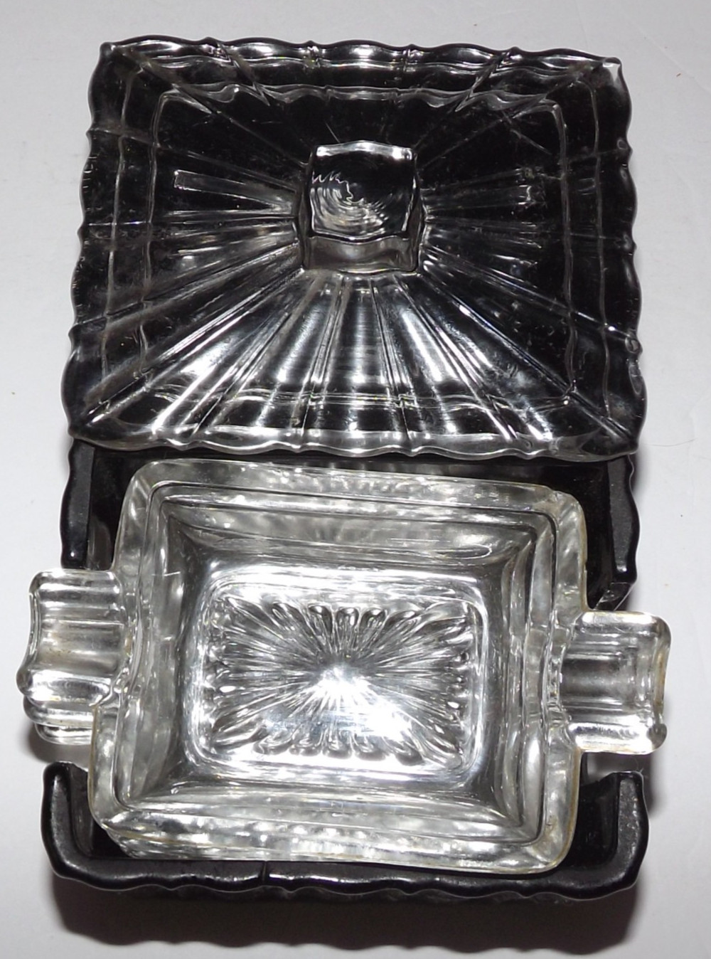Vtg Retro Black Glass Cigarette Holder Box Clear Lid 4 Double Ashtrays Complete