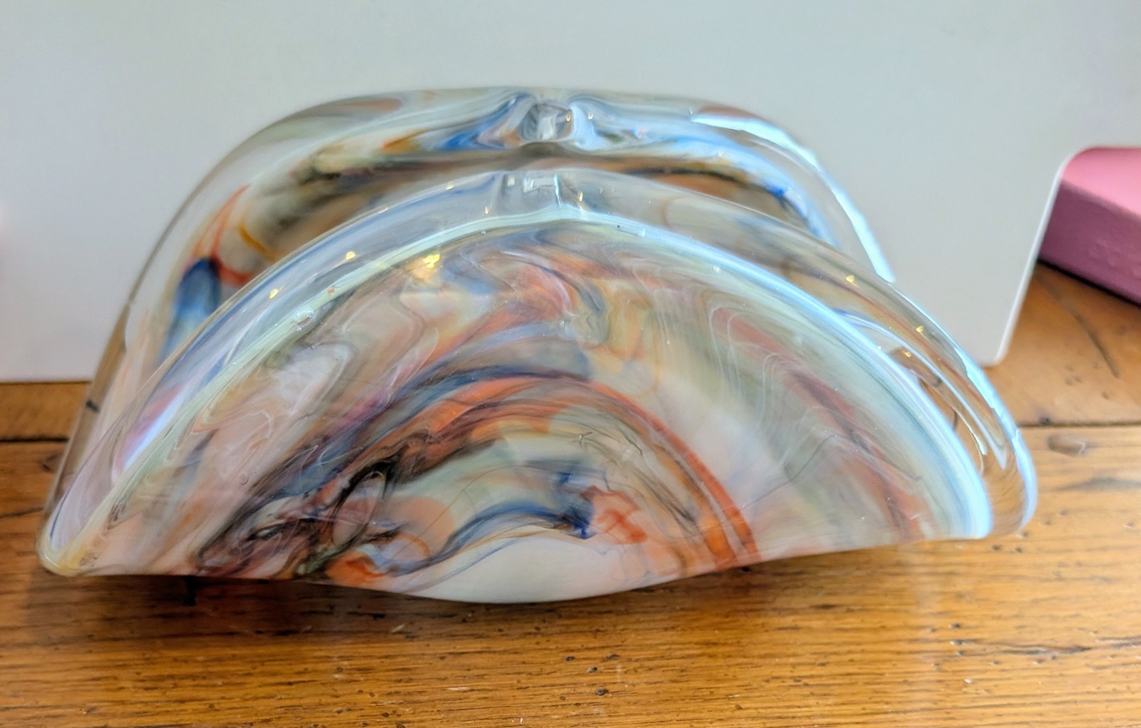 White Cristal Murano Italy Folded Curved Bowl Hand Blown Art Glass Orange Blue