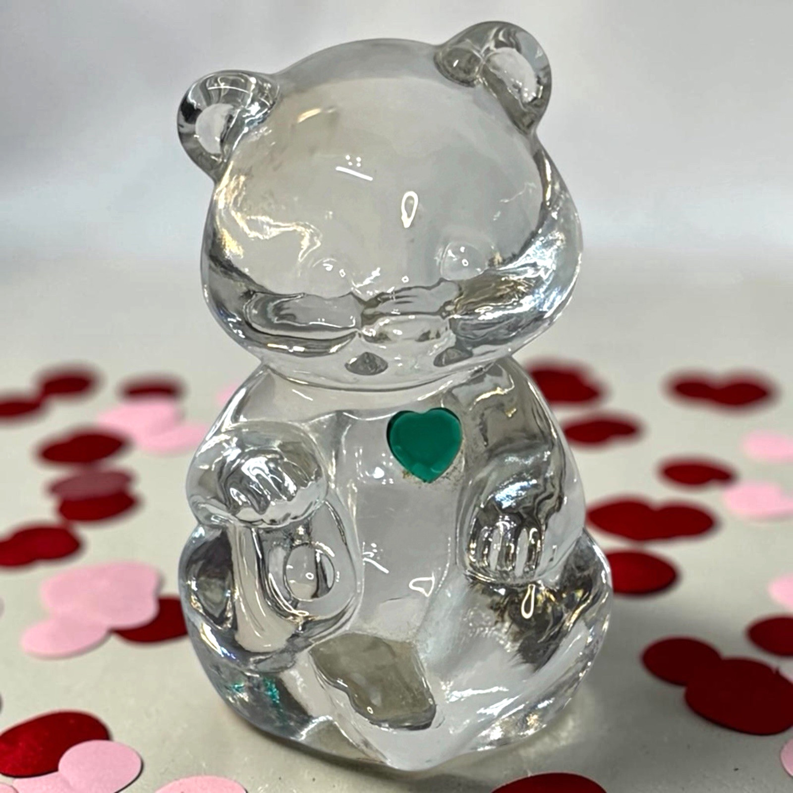 Fenton Birthday Bear with May Birthstone Green Heart Clear Glass Figurine