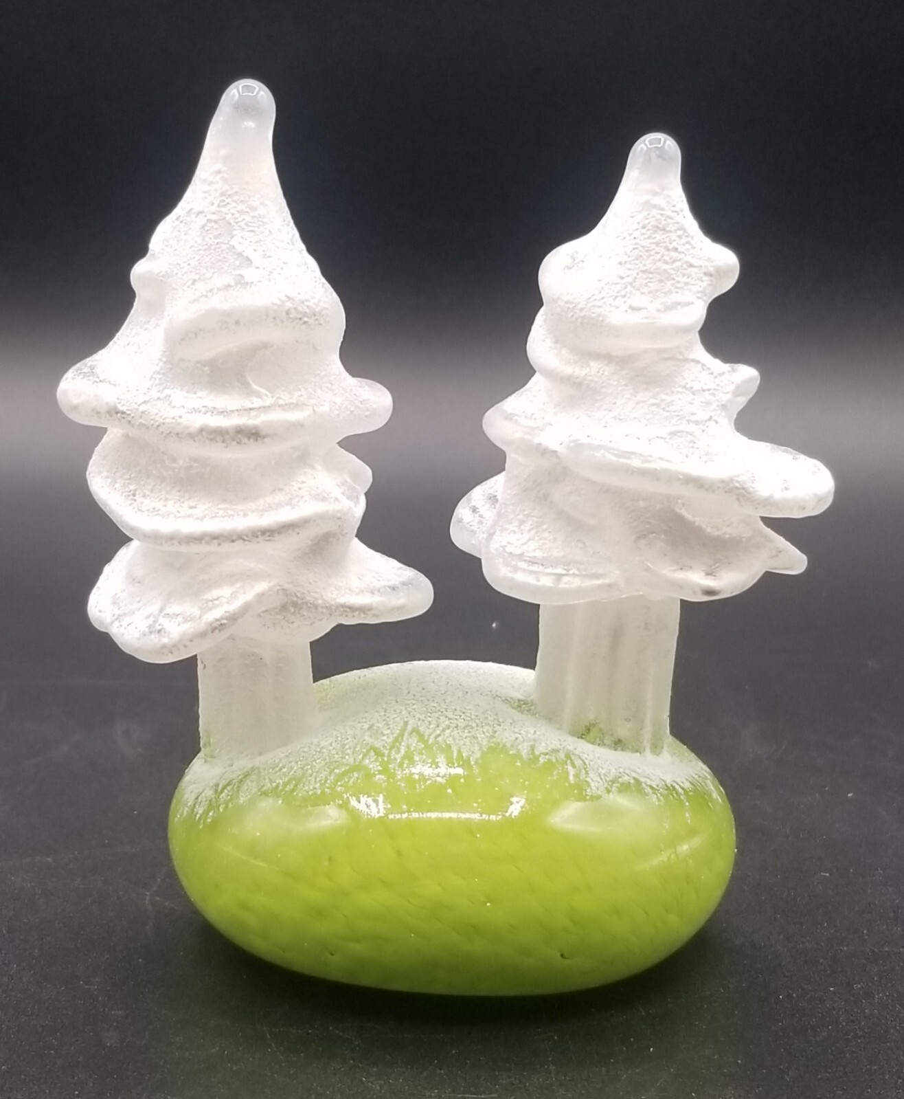 Hand Blown Glass Paperweight Chartreuse Base w/ Glass Frosted Trees