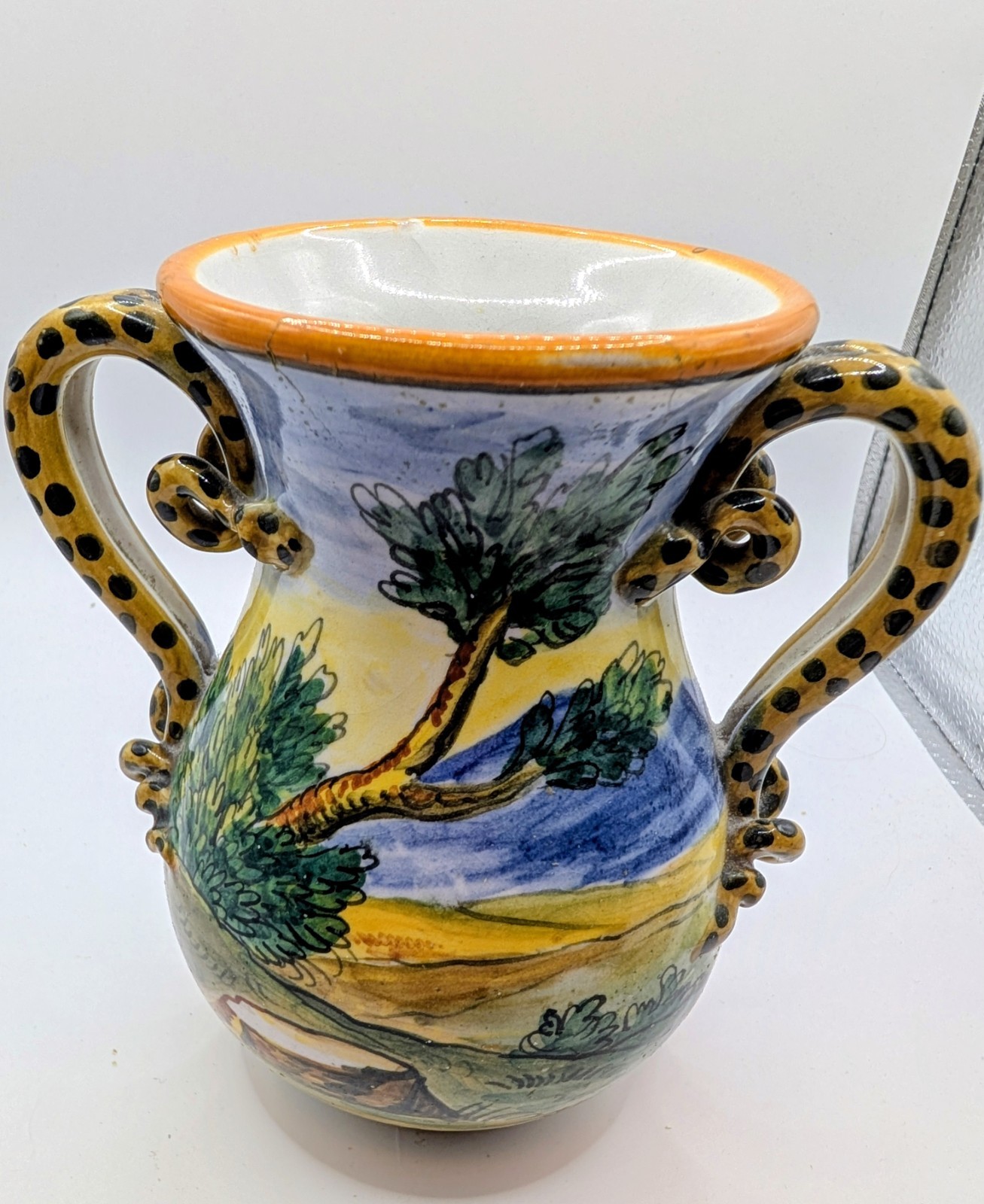Vintage Italian Majolica Pottery Vase Hand Painted Putto(Cupid) Snake Handles