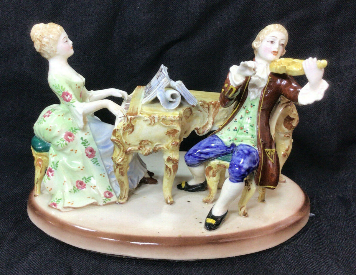 Antique Rococo Majolica Porcelain Figurine Lady & Gentleman Made in Italy