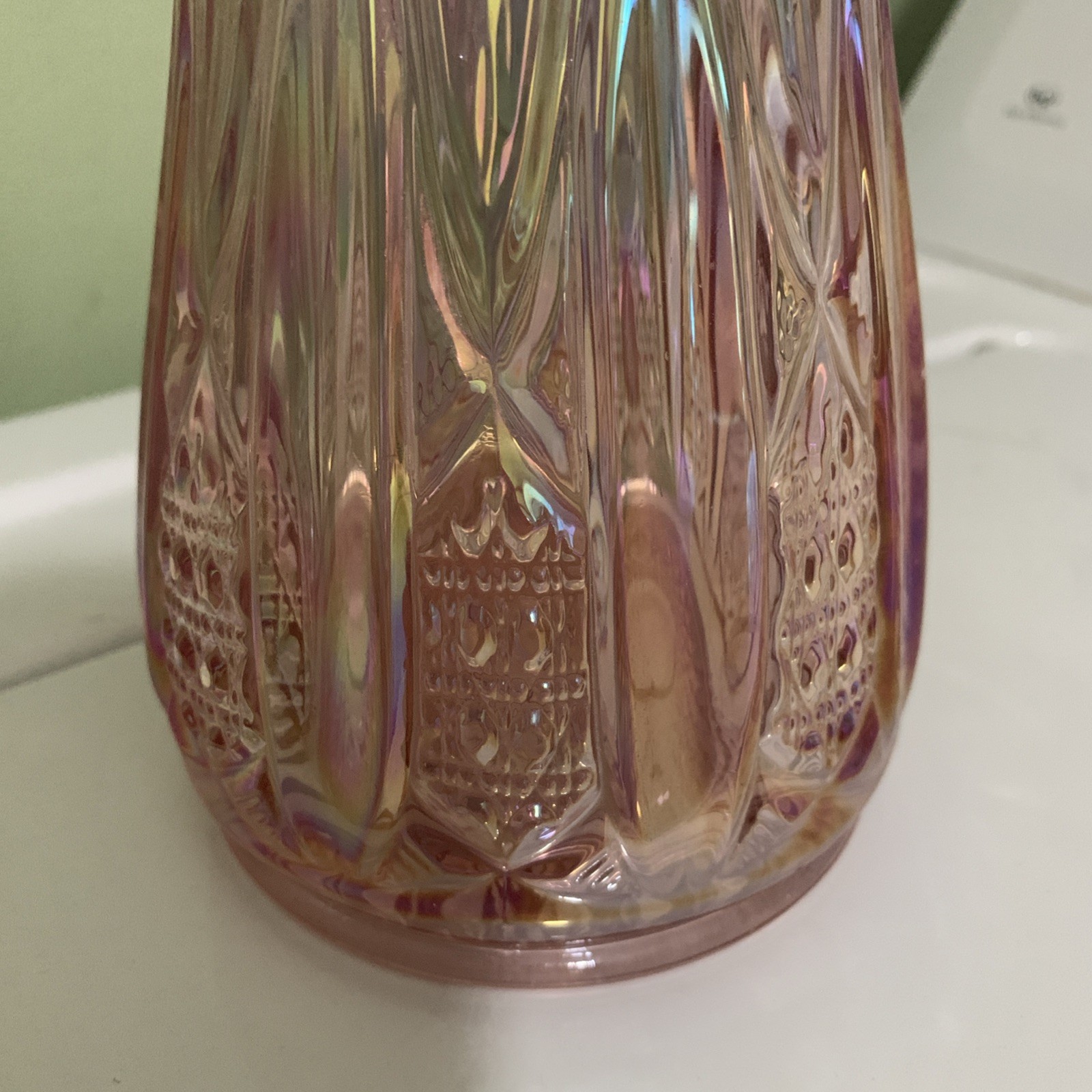 L E Smith Quintec Swung Vase Pink Iridescent Glass 16.25 Inches 16 Fingers