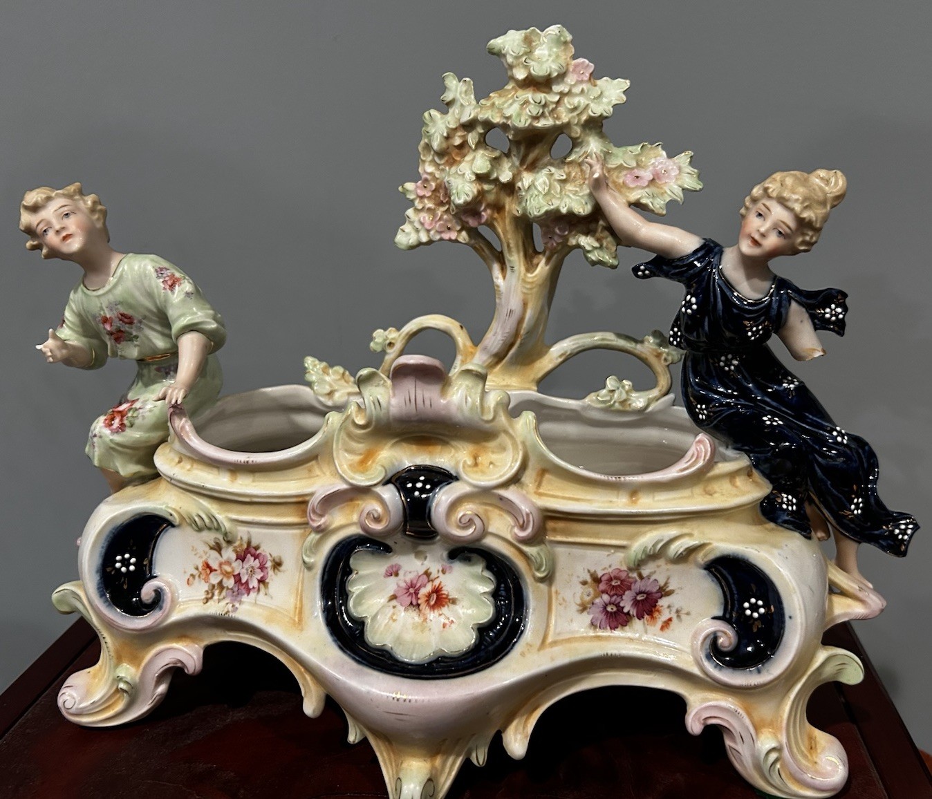 Antique German Porcelain Figural Jardinière Art Nouveau Centerpiece Cherub Lady