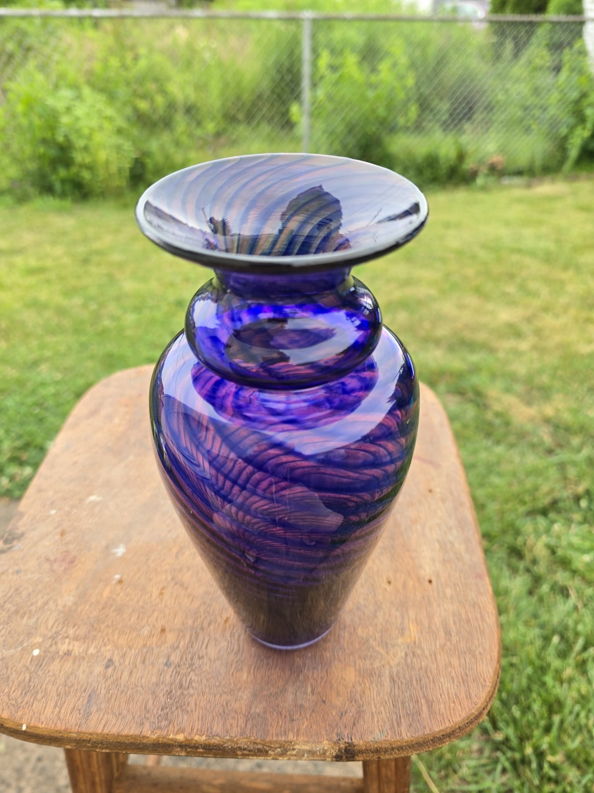 Young & Constantin Signed Art Glass Vase Purple Blue Swirl Hand Blown 9″ Studio
