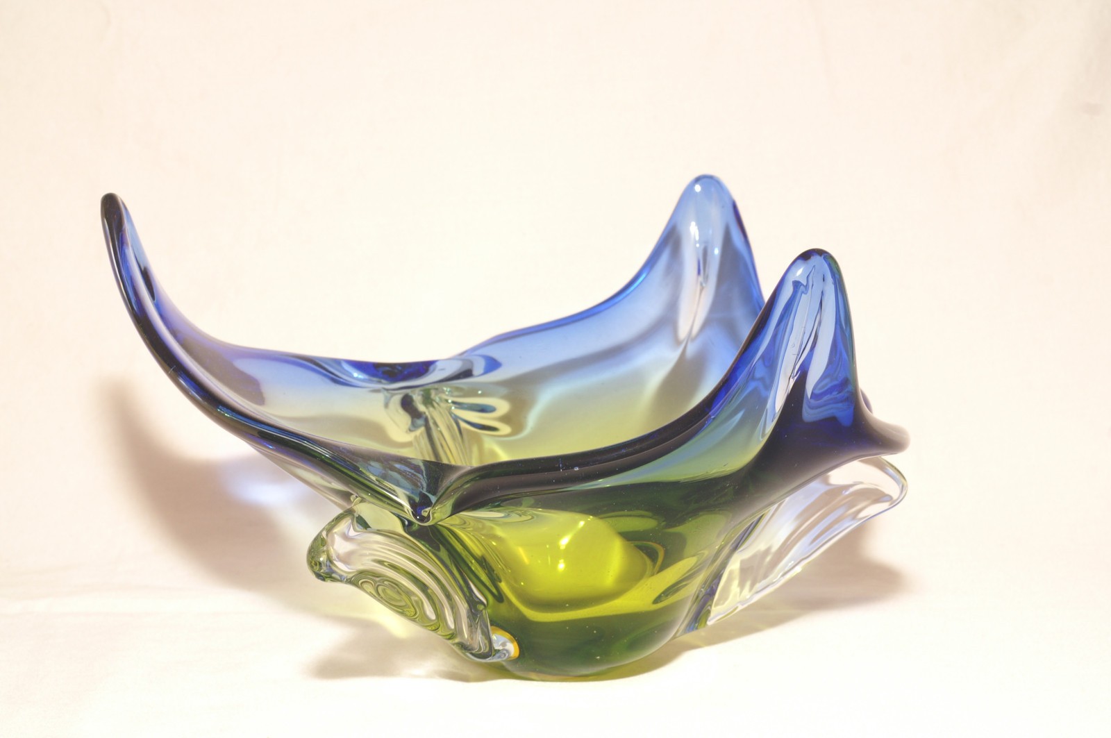 Chribska Glassworks Bohemian Uranium Green Blue Triangle Flower Bowl UV Glow