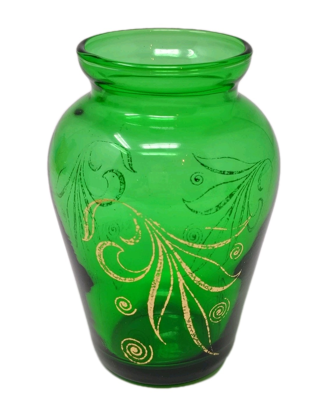 Vintage Emerald Forest Green Glass Bud Vase Hand Painted Gold Detail Mini Set 2