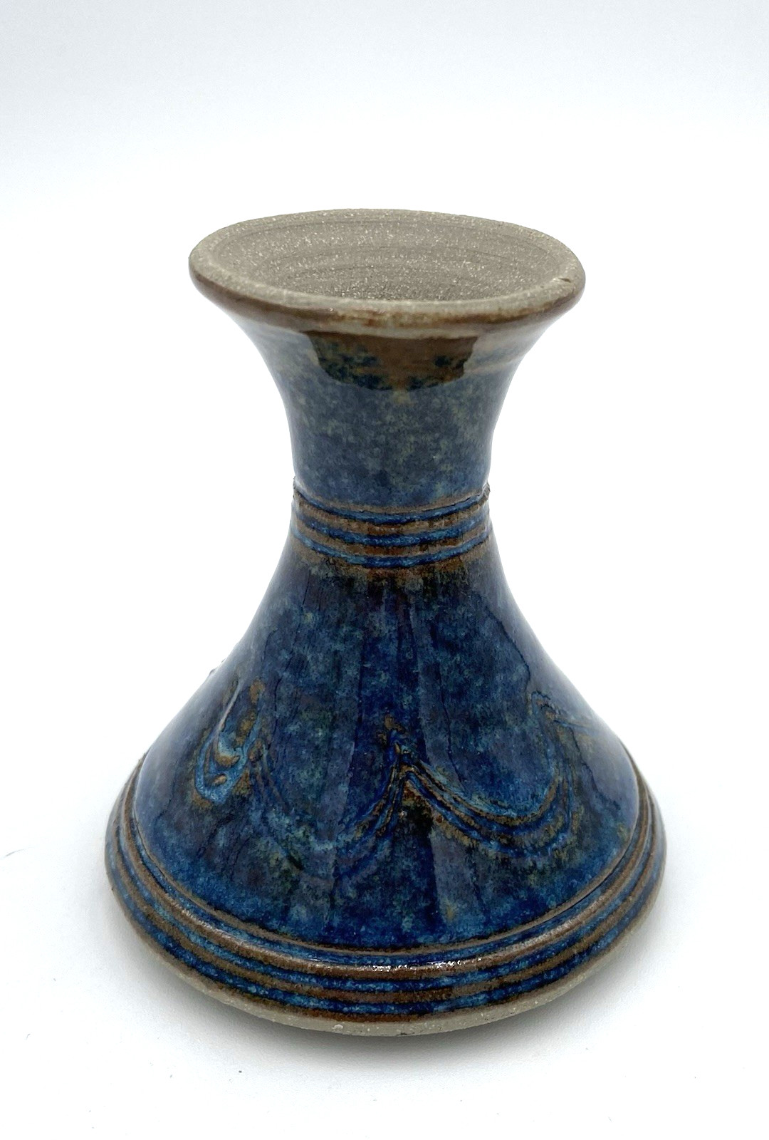 Studio Pottery Bud Vase, Blue Glaze, Brown Sgraffito Swag Design, 3.3″
