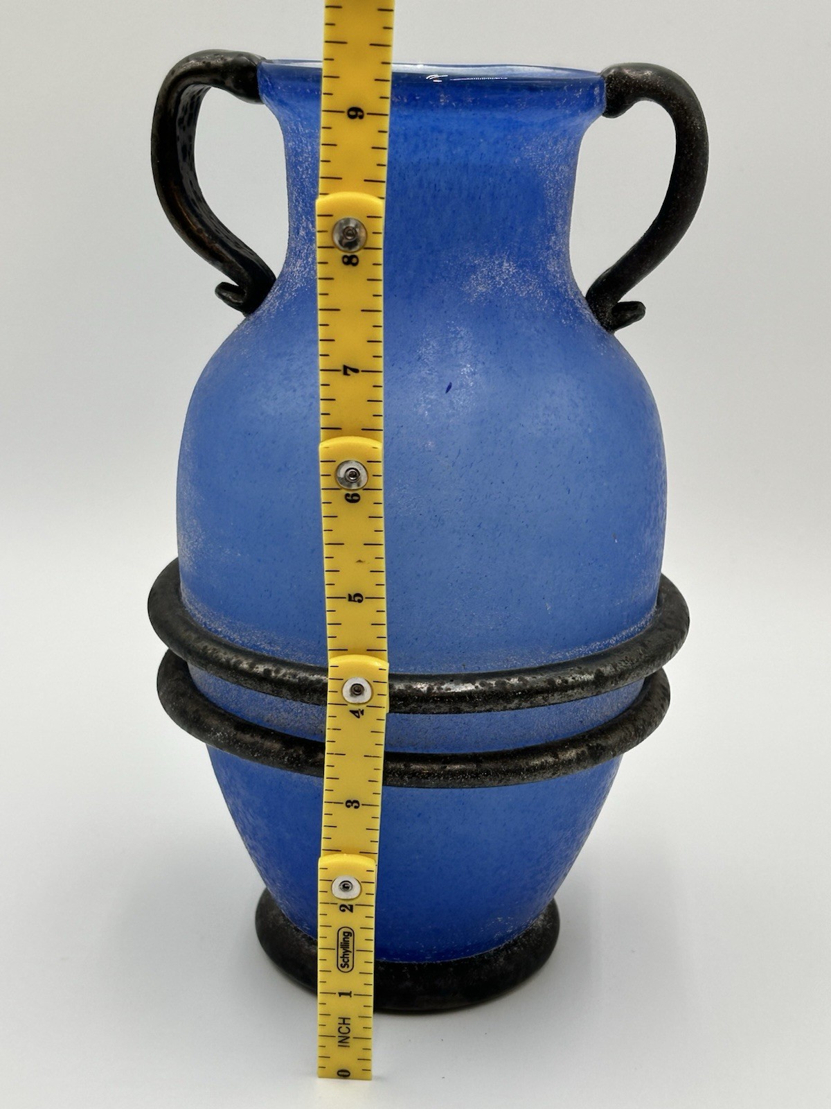 Royal Blue “Design Guild” Romania Handblown Amphora Scavo Art Glass Applied Vase
