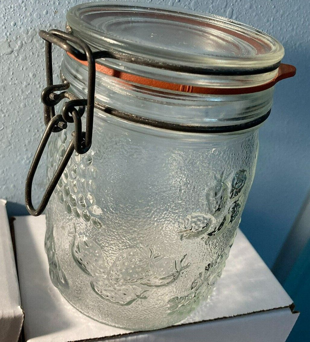 Vintage Clear Glass Decorated Jar/Canister w/ Fruit Pattern w/Original Seal-4×6″