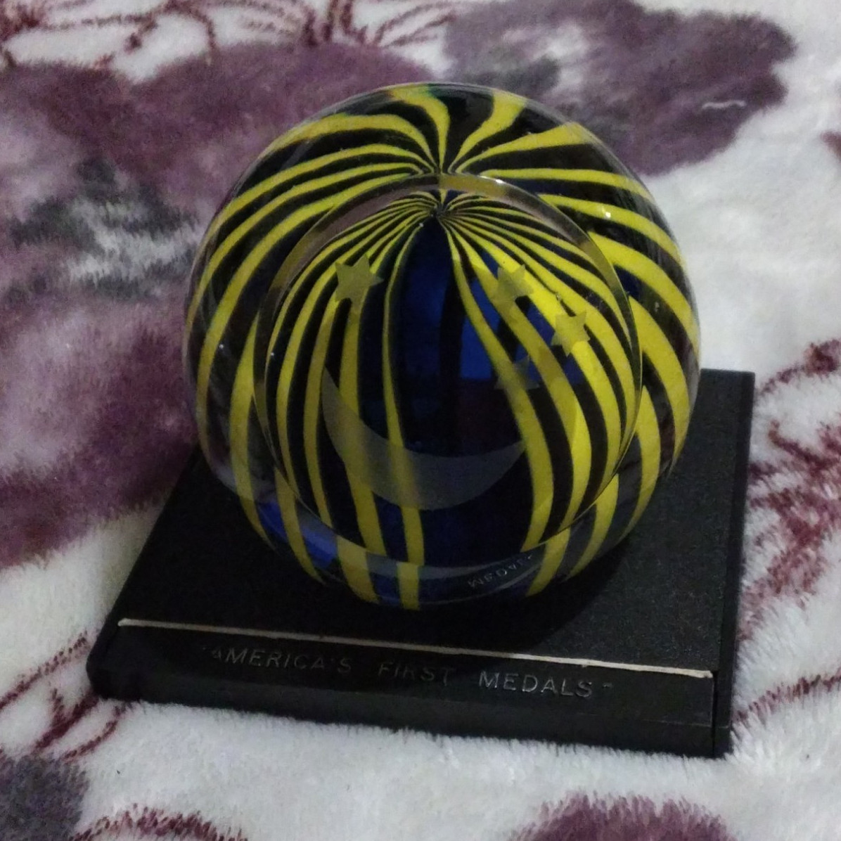 Art Glass Paperweight Yellow Black Blue Swirl Pattern, Glossy Finish