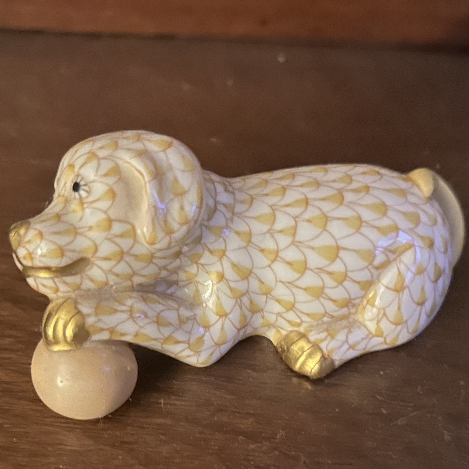 Vintage Herend Dog with Ball Porcelain Figurine Butterscotch Yellow
