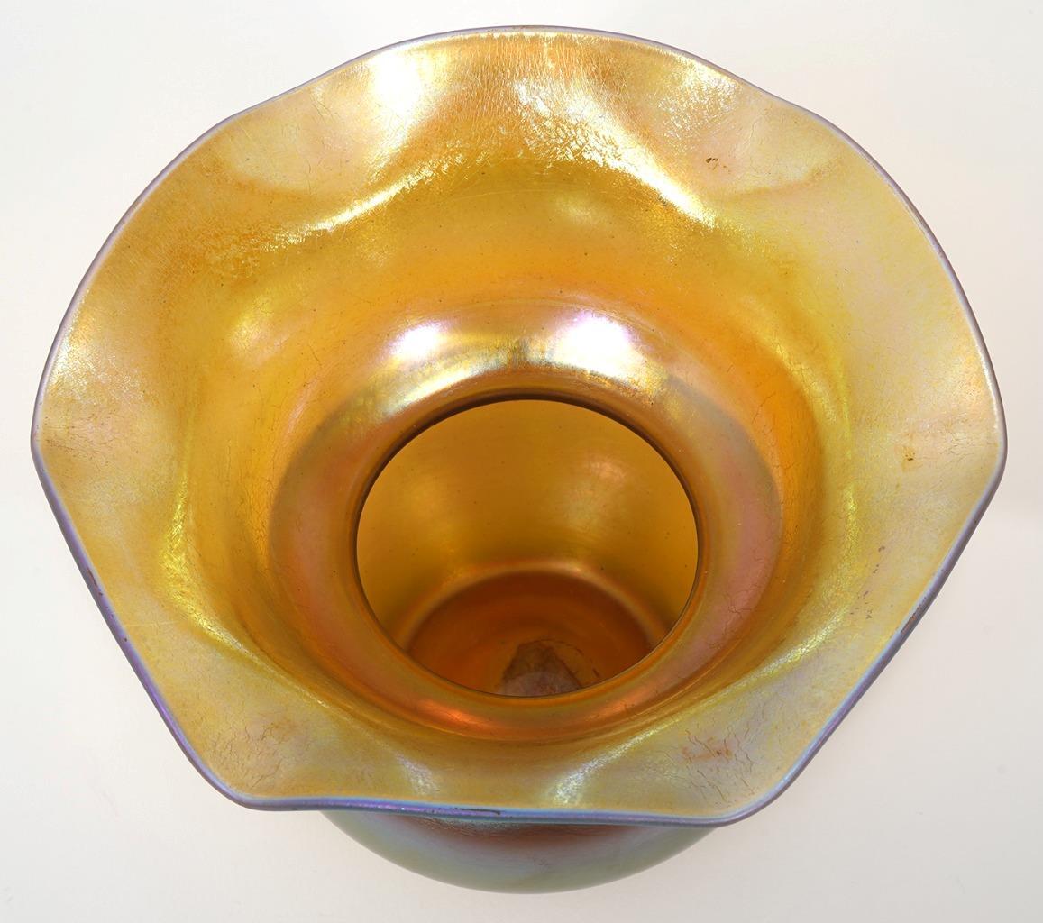 Steuben Aurene Iridescent Gold Ruffled Vase 2635, 5″ wide by 3 1/2″ Tall