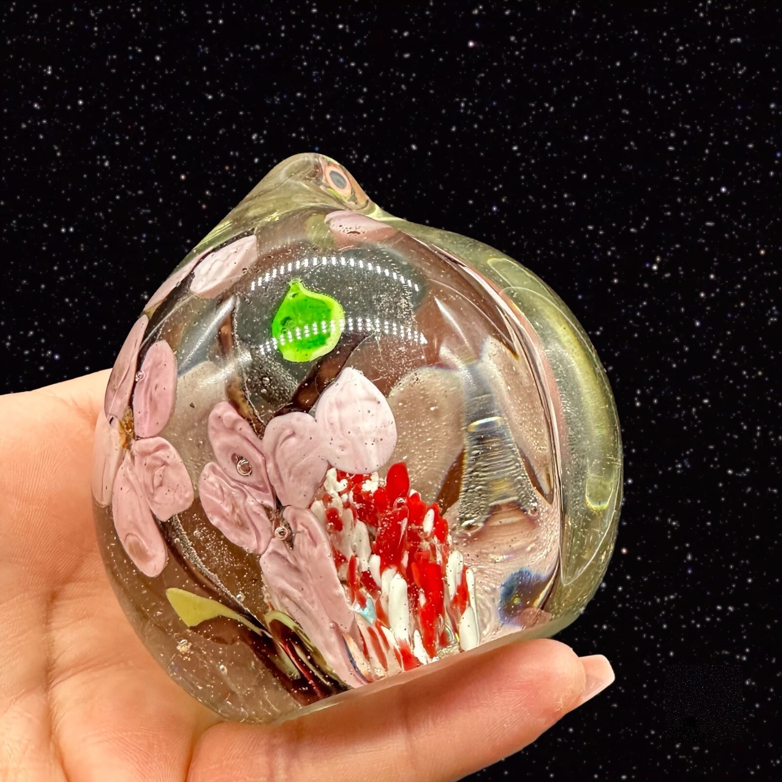 Czech Art Glass Peach Shaped Paperweight Cherry Blossom Tree Glass Orb Round 3”W