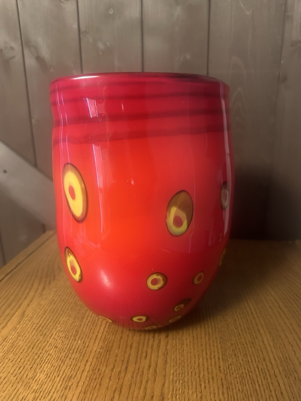 Red Murano Vase With Black And Yellow Spot Design And Yellow Interior