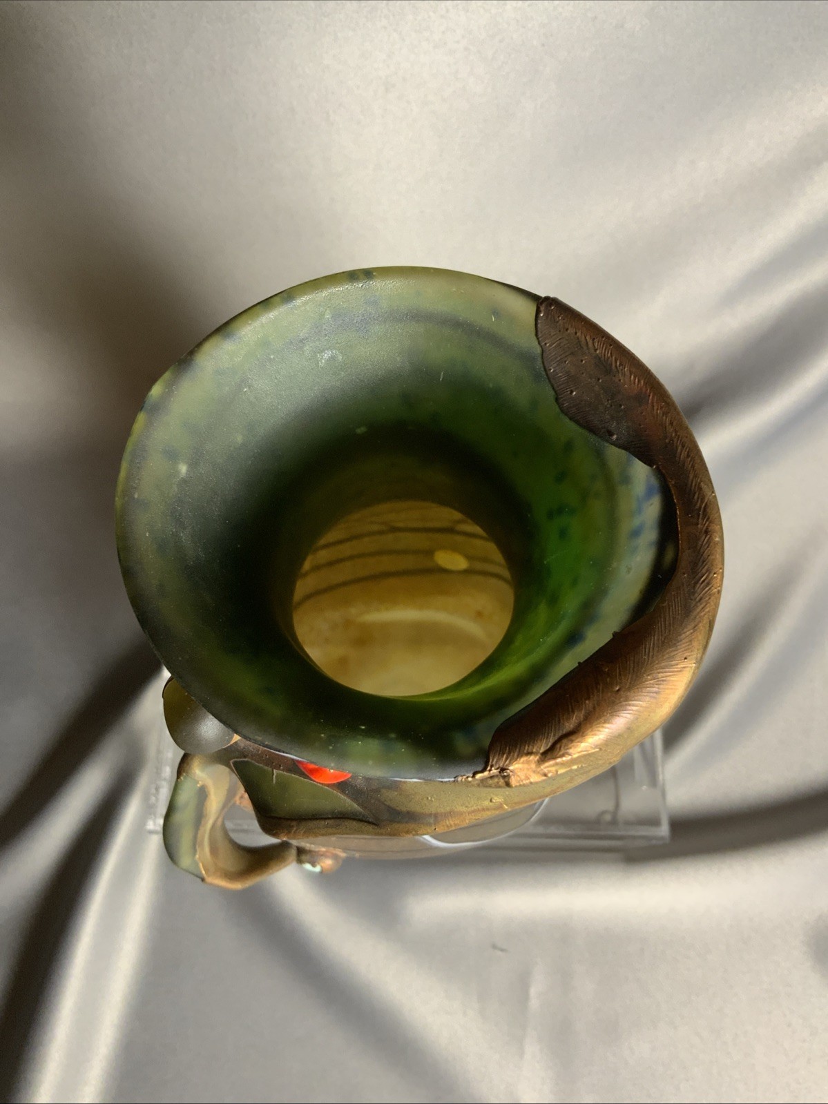 Signed Art Glass Vase With Bronze And Semi-Precious Stones