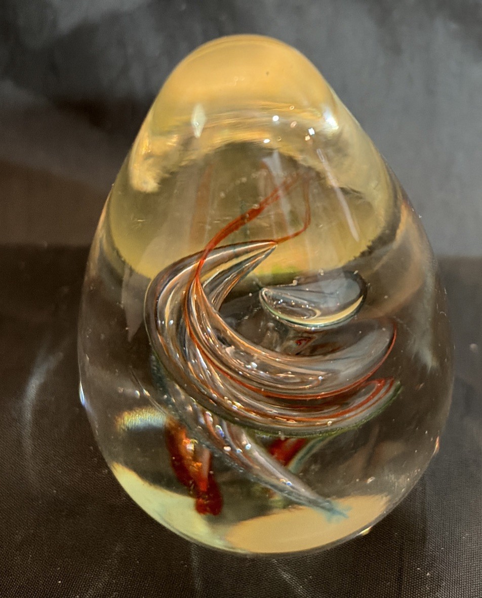 Glass Egg Paperweight Blue Orange 2.5 in. Yellow Tint Glass 13 Oz Academia